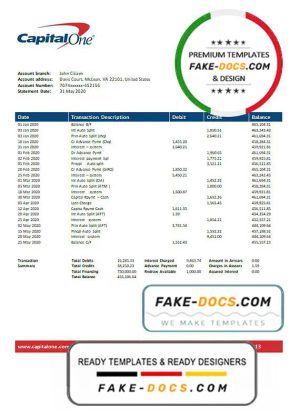 USA Capital One bank statement template, Word and PDF format (.doc and .pdf)