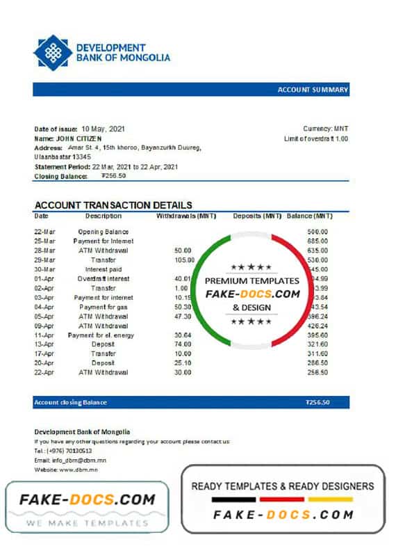 Mongolia Development Bank of Mongolia bank statement template in Word and PDF format Mongolia Development Bank of Mongolia bank statement template in Word and PDF format