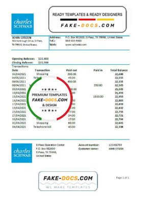 USA Charles Schwab & Co bank statement easy to fill template in .xls and .pdf file format
