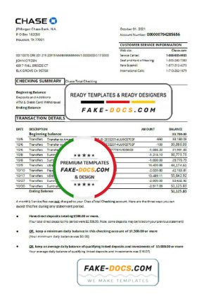 USA Chase account statement easy to fill template in Excel and PDF format