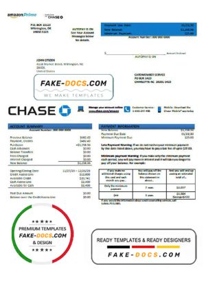 USA Chase bank credit card statement template in .doc and .pdf format