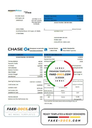 USA Chase bank credit card statement template in .xls and .pdf format