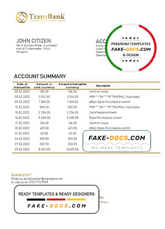 Mongolia Transbank bank statement template in Word and PDF format Mongolia Transbank bank statement template in Word and PDF format