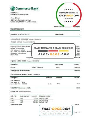 USA Commerce bank proof of address statement template in Word and PDF format