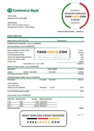 USA Commerce Bank statement easy to fill template in Excel and PDF format