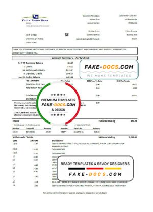 USA Fifth Third Bank statement easy to fill template in .xls and .pdf file format