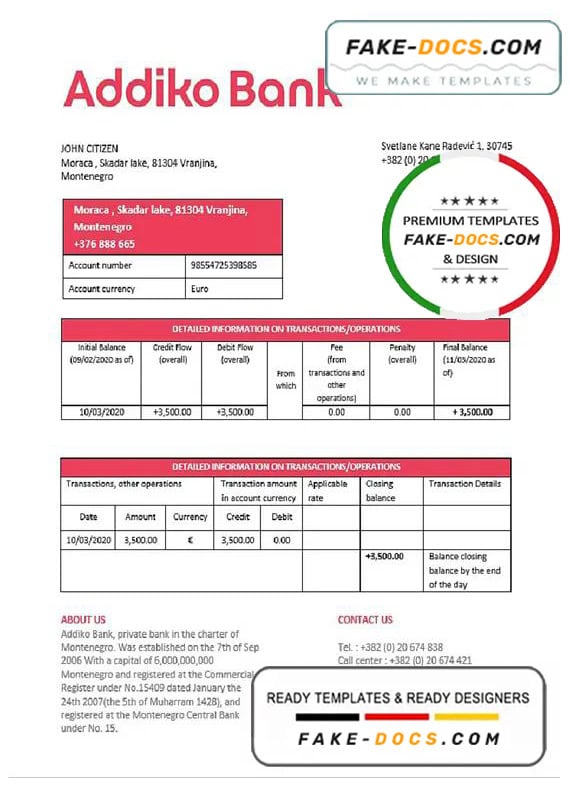 Montenegro Addiko Bank proof of address statement template in Word and PDF format, .doc and .pdf format Montenegro Addiko Bank proof of address statement template in Word and PDF format, .doc and .pdf format