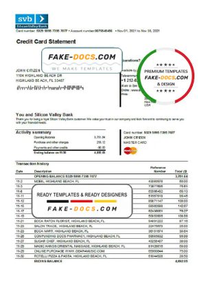 USA Florida Silicon Valley bank credit card statement template in Excel and PDF format