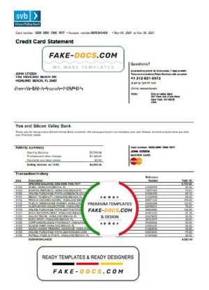 USA Florida Silicon Valley bank credit card statement template in Word and PDF format