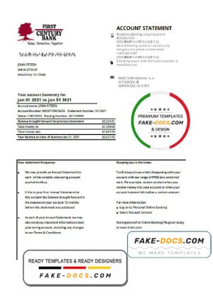 USA Georgia Gainesville First century bank statement template in .xls and .pdf file format