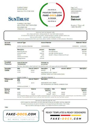 USA Georgia SunTrust bank statement template in Word and PDF format (For Sole Proprietor)