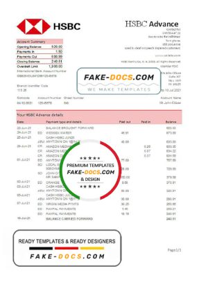 USA HSBC bank statement template in Excel and PDF format
