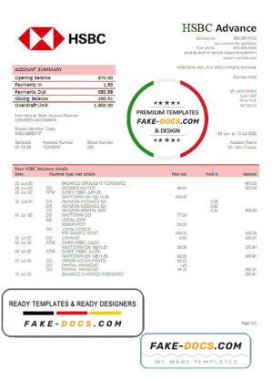 USA HSBC bank statement template in Word and PDF format