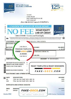 USA Indiana Centier bank statement template in Excel and PDF format