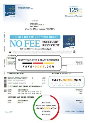 USA Indiana Centier bank statement template in Word and PDF format