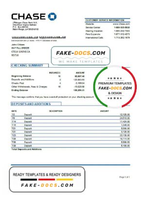 USA JP Morgan Chase bank statement template in .xls and .pdf file format