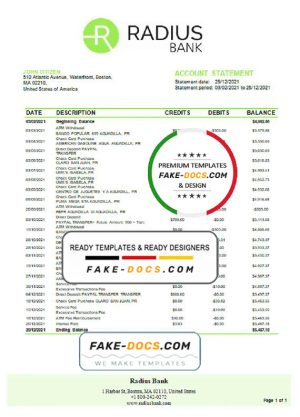 USA Massachusetts Radius Bank statement easy to fill template in Excel and PDF format