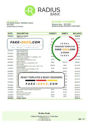 USA Massachusetts Radius Bank statement template in Word and PDF format