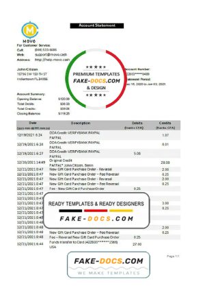 USA MOVO bank statement template in Excel and PDF format