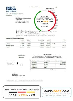 USA Navy Federal Credit Union bank statement template in Excel and PDF format