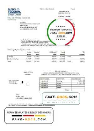 USA Navy Federal Union bank proof of address statement template in Word and PDF format