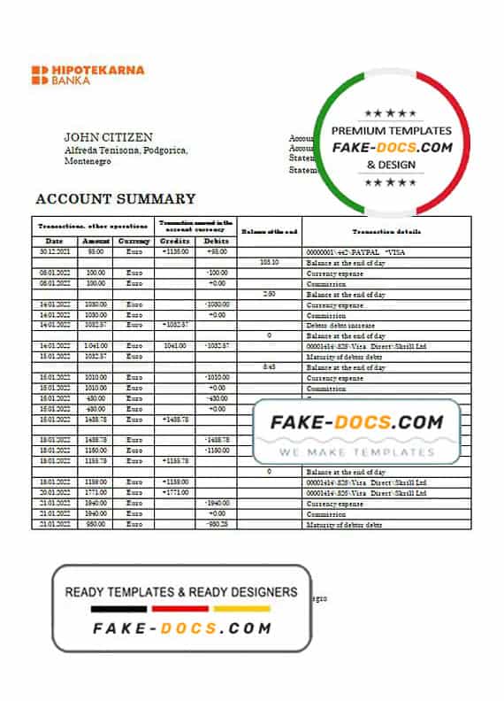 Montenegro Hipotekarna Bank statement template, Word and PDF format (.doc and .pdf) Montenegro Hipotekarna Bank statement template, Word and PDF format (.doc and .pdf)