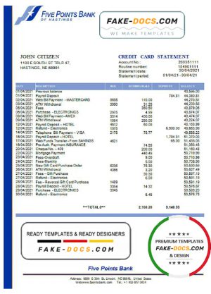 USA Nebraska Five Points Bank credit card statement template in Word and PDF format