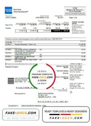 USA New York American Express Blue bank statement in Word and PDF format
