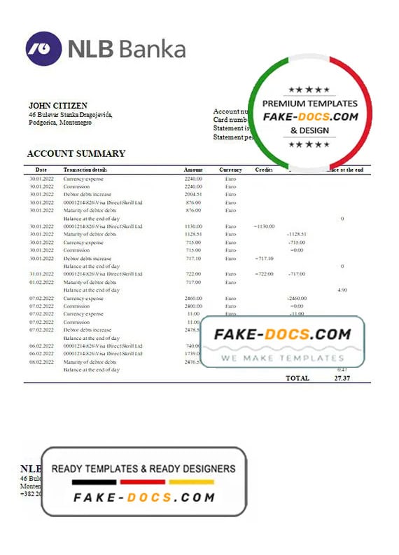Montenegro NLB Bank statement template, Word and PDF format (.doc and .pdf) Montenegro NLB Bank statement template, Word and PDF format (.doc and .pdf)