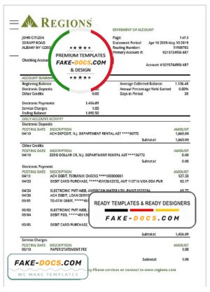 USA Regions bank proof of address statement template in Word and PDF format
