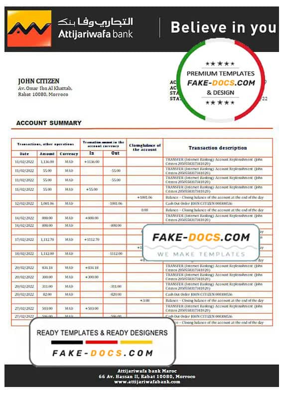 Morocco Attijariwafa bank statement template in Word and PDF format, good for address prove Morocco Attijariwafa bank statement template in Word and PDF format, good for address prove