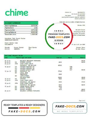 USA San Francisco CHIME bank statement template in Word and PDF format