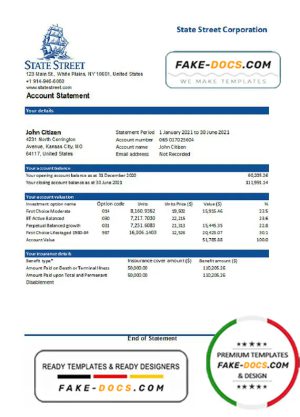 USA State Street Corporation bank statement template in Word and PDF format