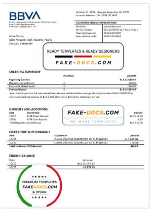 Venezuela BBVA bank proof of address statement template in Word and PDF format (.doc and .pdf)