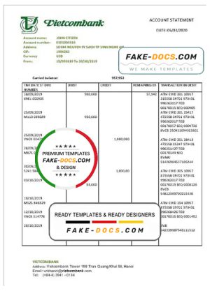 Vietnam Vietcombank proof of address statement template in Word and PDF format, .doc and .pdf format