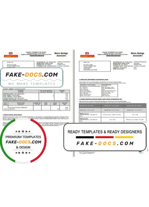 Malaysia AmBank Islamic bank statement template in Word and PDF format (2 pages) Malaysia AmBank Islamic bank statement template in Word and PDF format (2 pages)