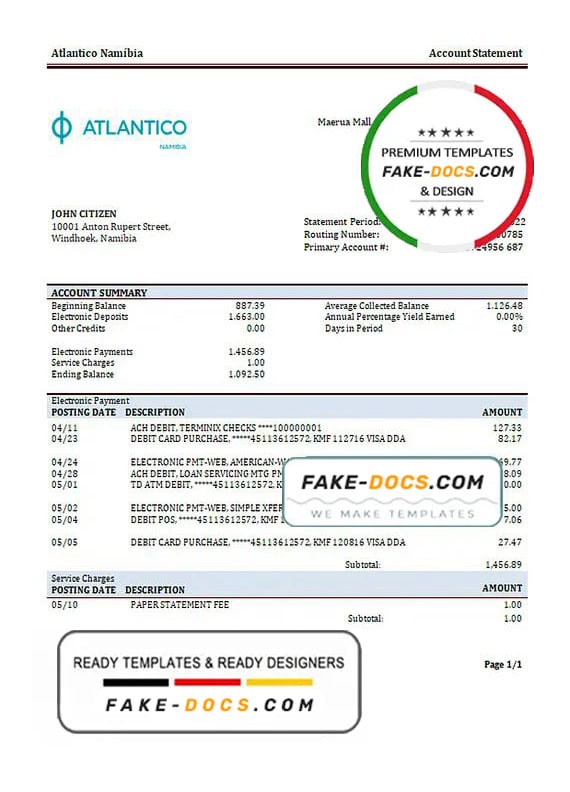 Namibia Atlantico bank statement template in Word and PDF format Namibia Atlantico bank statement template in Word and PDF format