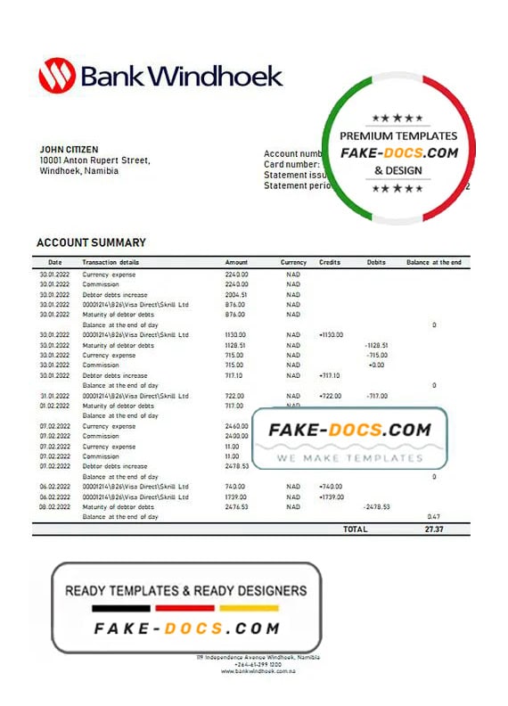Namibia Bank Windhoek bank statement template in Word and PDF format Namibia Bank Windhoek bank statement template in Word and PDF format