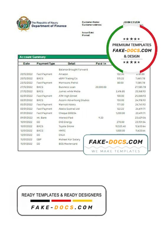 Nauru Bank of Nauru bank statement template in Word and PDF format Nauru Bank of Nauru bank statement template in Word and PDF format