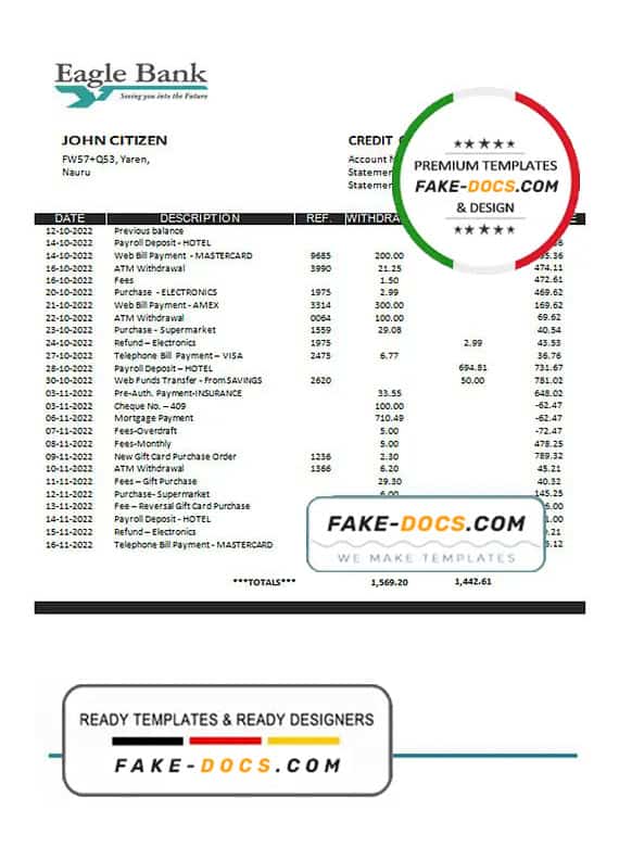 Nauru Eagle bank statement template in Word and PDF format Nauru Eagle bank statement template in Word and PDF format