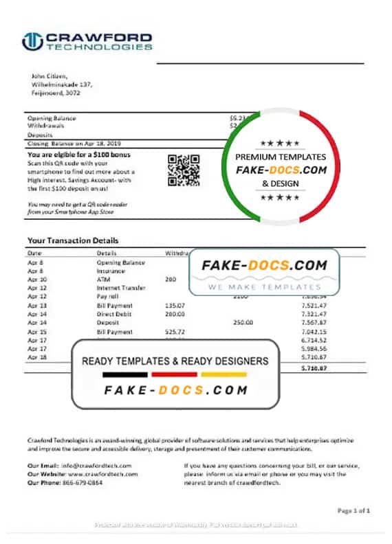 Netherlands (Holland) Crawford Technologies bank statement template in Word and PDF format Netherlands (Holland) Crawford Technologies bank statement template in Word and PDF format