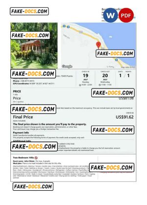 Costa Rica hotel booking confirmation Word and PDF template, 2 pages