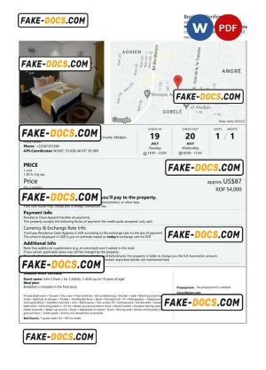 Côte d’Ivoire hotel booking confirmation Word and PDF template, 2 pages