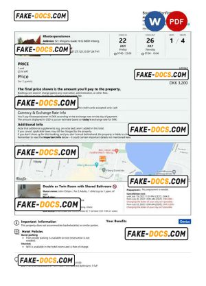 Denmark hotel booking confirmation Word and PDF template, 2 pages