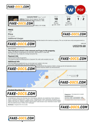 Lebanon hotel booking confirmation Word and PDF template, 2 pages