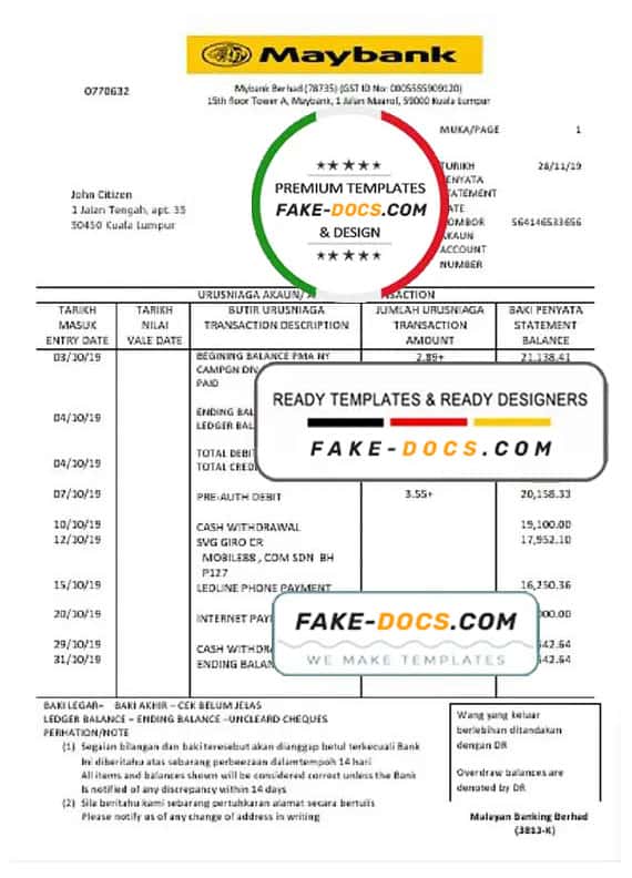 Malaysia Maybank bank statement template, Word and PDF format (.doc and .pdf) Malaysia Maybank bank statement template, Word and PDF format (.doc and .pdf)