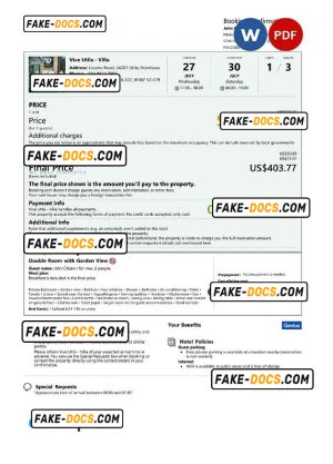 Honduras hotel booking confirmation Word and PDF template, 2 pages