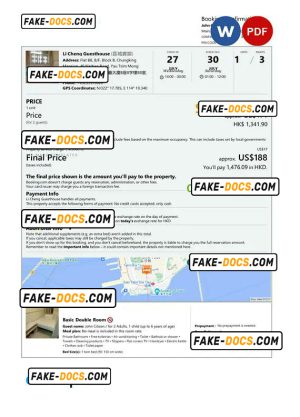 Hong Kong hotel booking confirmation Word and PDF template, 2 pages