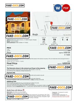 Hungary hotel booking confirmation Word and PDF template, 2 pages