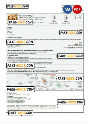 India hotel booking confirmation Word and PDF template, 2 pages